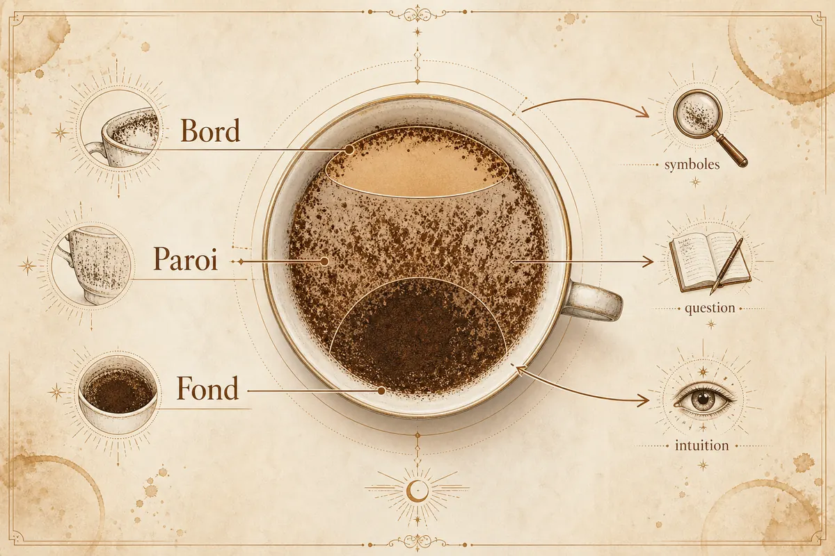 Infographie montrant les zones d'une tasse en cafédomancie avec bord, paroi et fond
